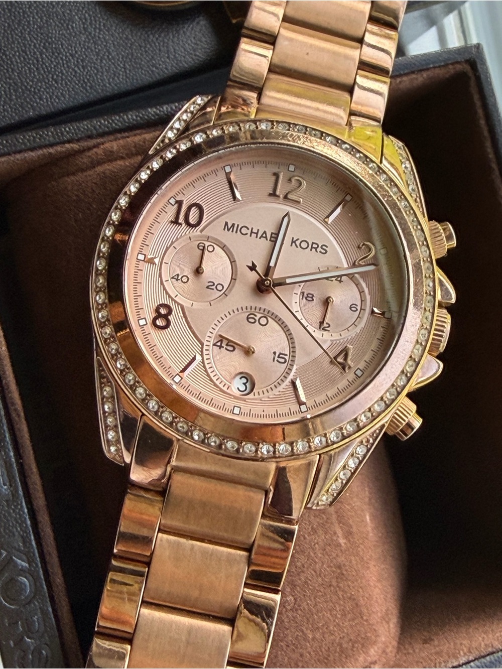Michael Kors Rose Gold Tone Crystal Bezel Women's Chronograph Watch and Bracelet